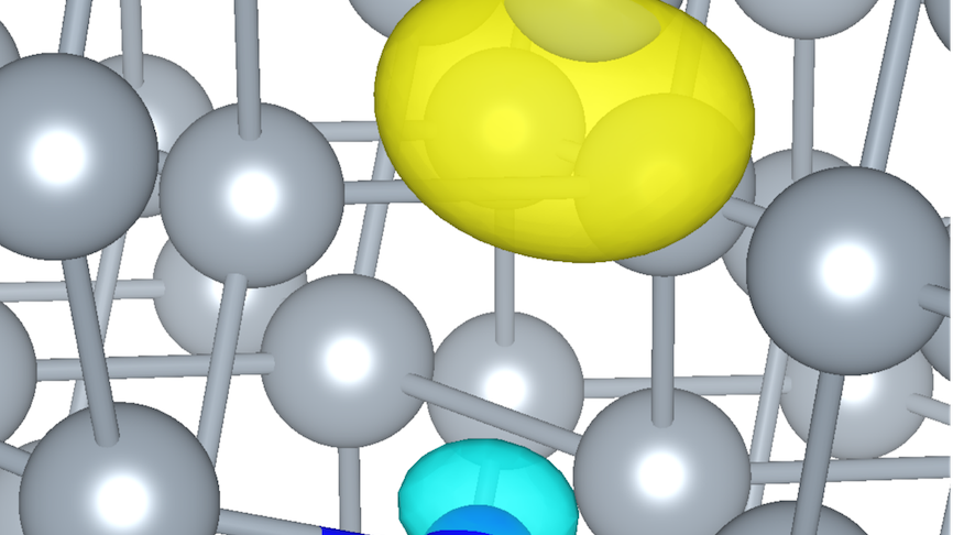 Isosurface de densité de spin du défaut d’azote en position substitutionnelle dans le silicium. L’électron non apparié est principalement localisé sur la liaison pendante de l’atome de silicium le long de la direction ⟨111⟩, avec une contribution plus fai