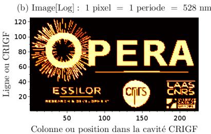 Exemple d’image fixe obtenue avec des structures périodiques sub longueur d’onde excitées par une source étroite et telle que perçue par capteur logarithmique assimilable à un œil humain. Le motif correspond à une modulation de la phase de l’onde extraite en chaque pixel.